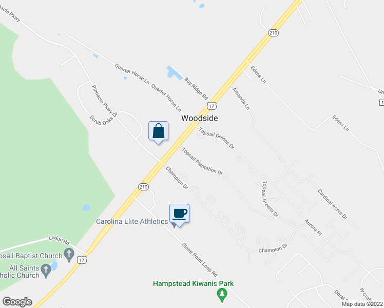 map of restaurants, bars, coffee shops, grocery stores, and more near 67 Topsail Plantation Drive in Hampstead