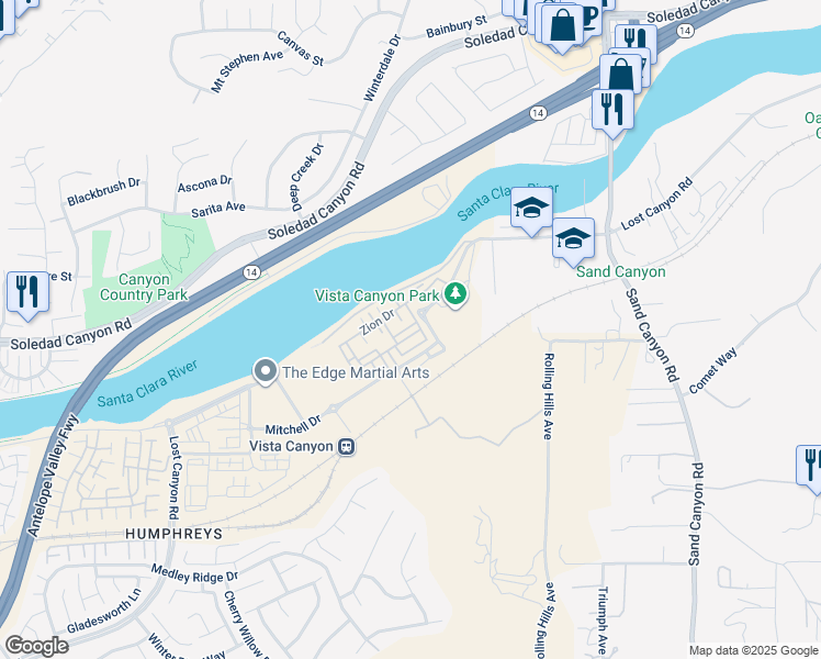 map of restaurants, bars, coffee shops, grocery stores, and more near 17037 Provo Lane in Santa Clarita