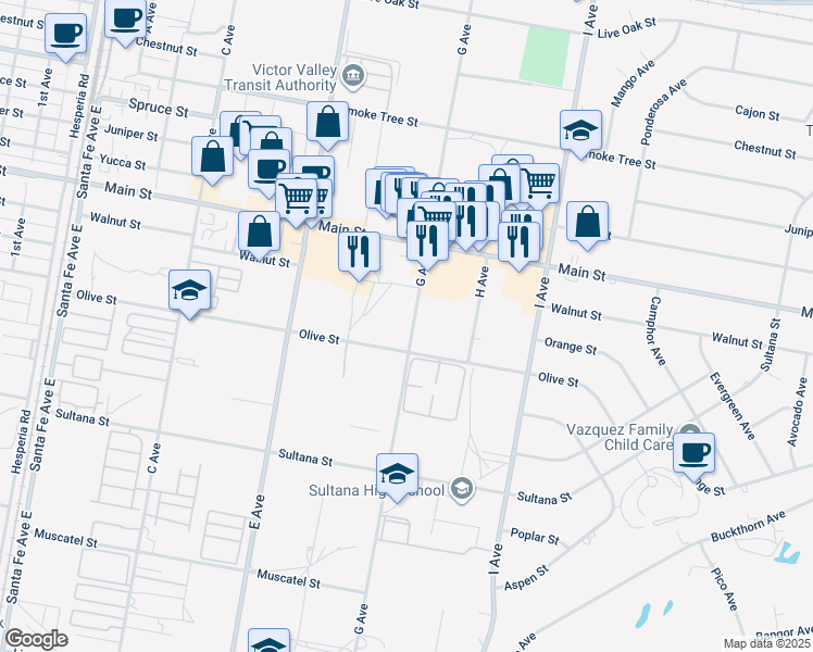 map of restaurants, bars, coffee shops, grocery stores, and more near 9162 G Avenue in Hesperia
