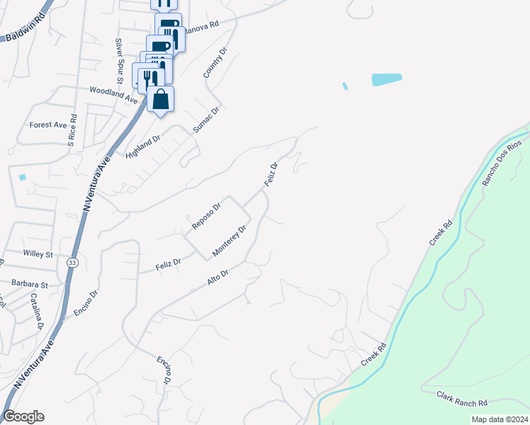 map of restaurants, bars, coffee shops, grocery stores, and more near 35 Alto Drive in Oak View