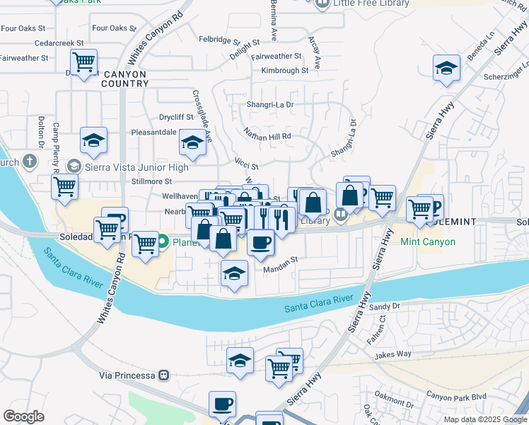 map of restaurants, bars, coffee shops, grocery stores, and more near 27424 Homyr Place in Santa Clarita