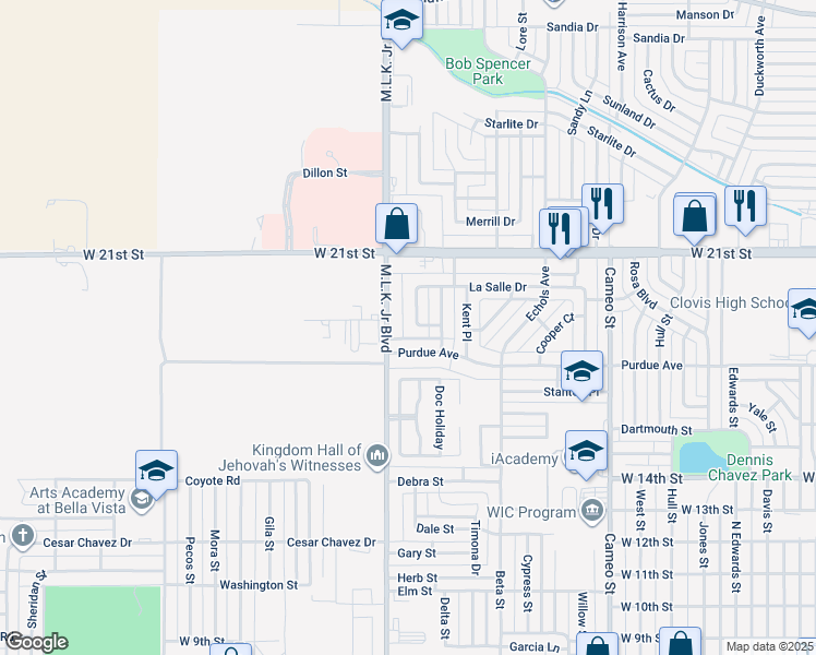 map of restaurants, bars, coffee shops, grocery stores, and more near 1809 Martin Luther King Junior Boulevard in Clovis