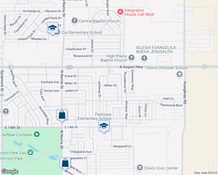 map of restaurants, bars, coffee shops, grocery stores, and more near 2301 Miller Street in Clovis