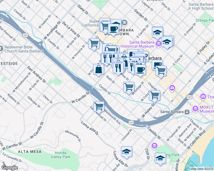 map of restaurants, bars, coffee shops, grocery stores, and more near 907 Bath Street in Santa Barbara
