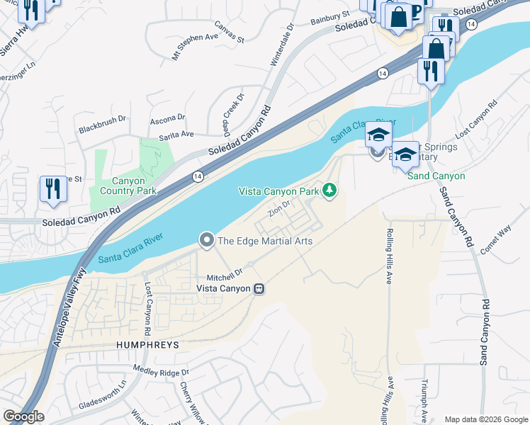 map of restaurants, bars, coffee shops, grocery stores, and more near 17107 Zion Drive in Santa Clarita