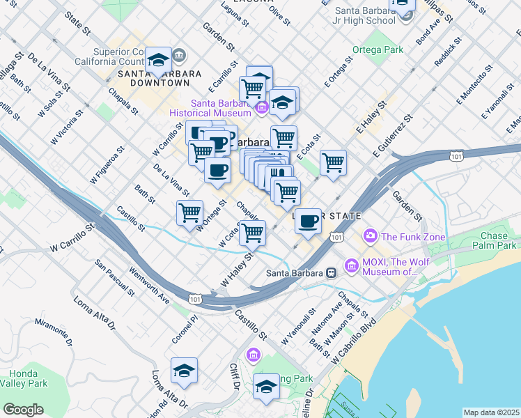 map of restaurants, bars, coffee shops, grocery stores, and more near 539 State Street in Santa Barbara