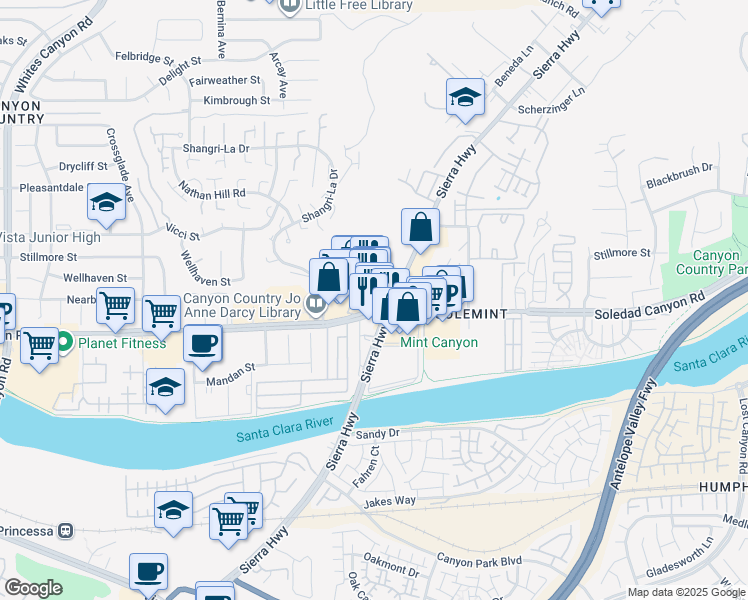 map of restaurants, bars, coffee shops, grocery stores, and more near 18517 Soledad Canyon Road in Santa Clarita