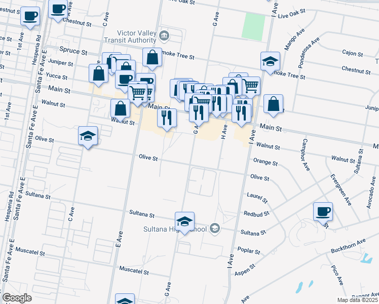 map of restaurants, bars, coffee shops, grocery stores, and more near 9162 G Avenue in Hesperia
