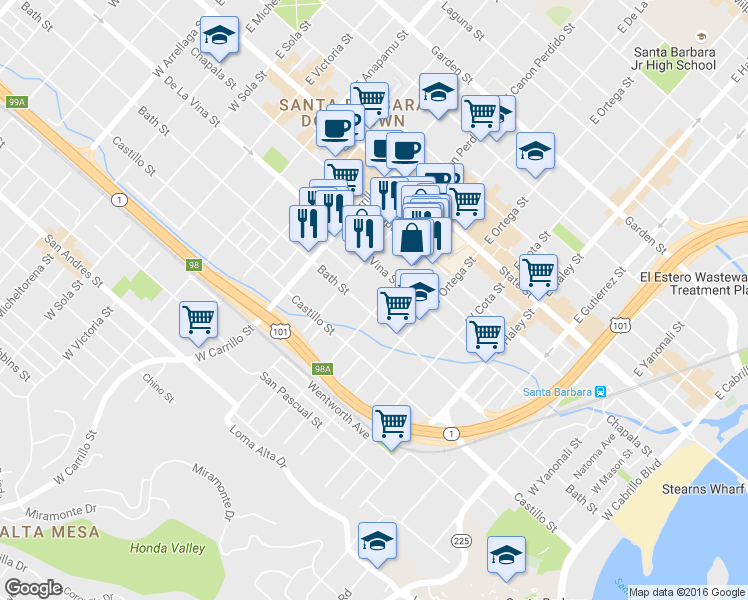 map of restaurants, bars, coffee shops, grocery stores, and more near 828 Bath Street in Santa Barbara
