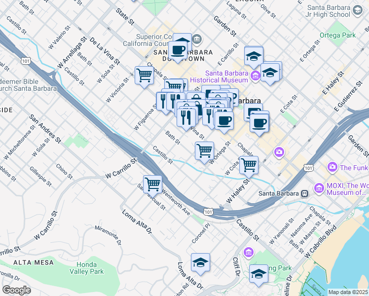 map of restaurants, bars, coffee shops, grocery stores, and more near 828 Bath Street in Santa Barbara