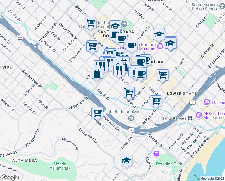 map of restaurants, bars, coffee shops, grocery stores, and more near 907 Bath Street in Santa Barbara