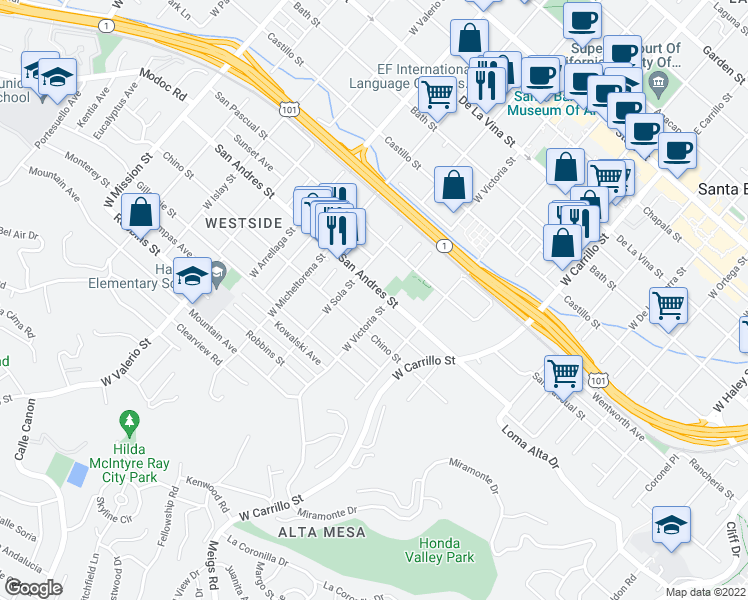 map of restaurants, bars, coffee shops, grocery stores, and more near 1331 San Andres Street in Santa Barbara