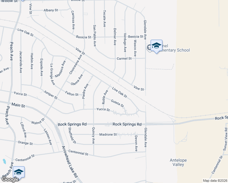 map of restaurants, bars, coffee shops, grocery stores, and more near 19101 Live Oak Street in Hesperia