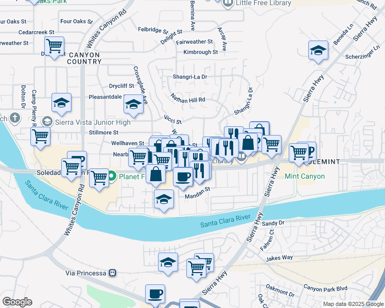 map of restaurants, bars, coffee shops, grocery stores, and more near 27420 Homyr Place in Santa Clarita