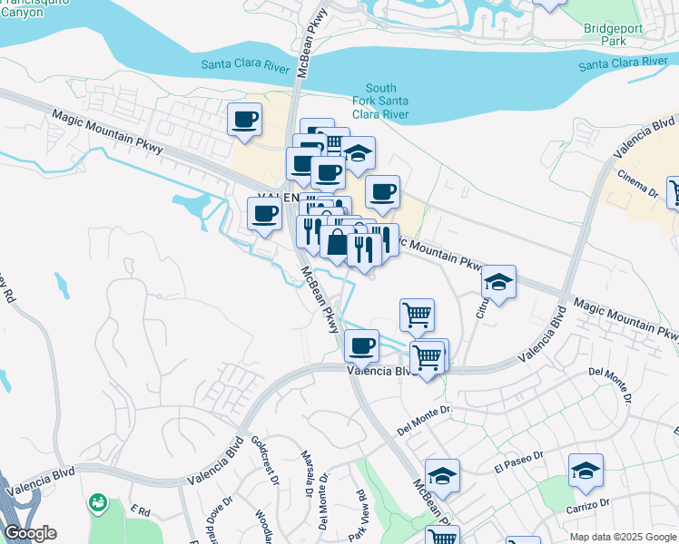 map of restaurants, bars, coffee shops, grocery stores, and more near 24201 Valencia Boulevard in Santa Clarita
