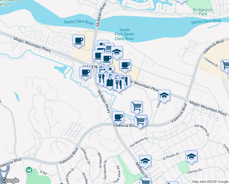 map of restaurants, bars, coffee shops, grocery stores, and more near 24250 Town Center Drive in Santa Clarita