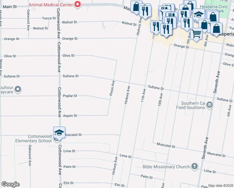 map of restaurants, bars, coffee shops, grocery stores, and more near 9159 Pinon Avenue in Hesperia
