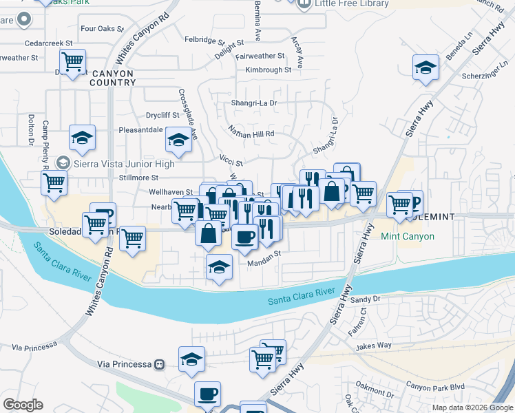 map of restaurants, bars, coffee shops, grocery stores, and more near 27420 Homyr Place in Santa Clarita