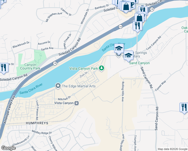 map of restaurants, bars, coffee shops, grocery stores, and more near 27765 Dyer Way in Santa Clarita