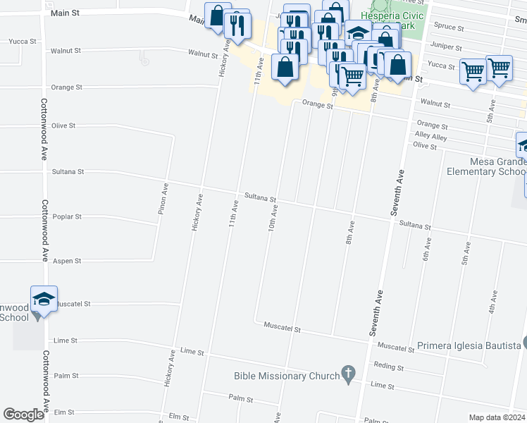 map of restaurants, bars, coffee shops, grocery stores, and more near 9130 10th Avenue in Hesperia