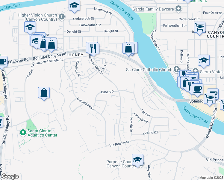 map of restaurants, bars, coffee shops, grocery stores, and more near 20159 Gilbert Drive in Santa Clarita