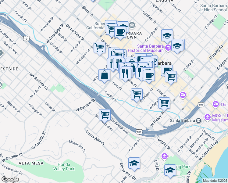 map of restaurants, bars, coffee shops, grocery stores, and more near 320 West Canon Perdido Street in Santa Barbara