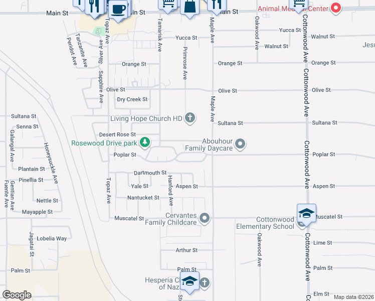 map of restaurants, bars, coffee shops, grocery stores, and more near 9191 Cherrywood Lane in Hesperia