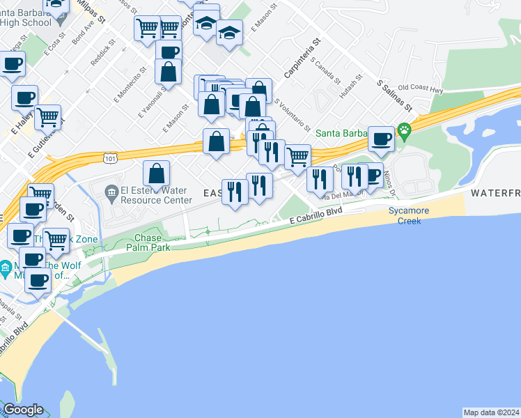 map of restaurants, bars, coffee shops, grocery stores, and more near 701 Calle Puerto Vallarta in Santa Barbara