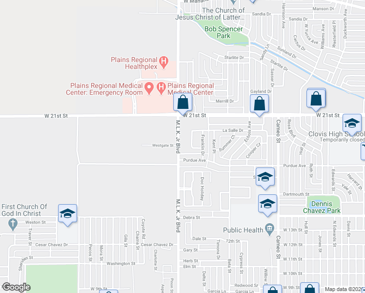 map of restaurants, bars, coffee shops, grocery stores, and more near 1713 Martin Luther King Junior Boulevard in Clovis