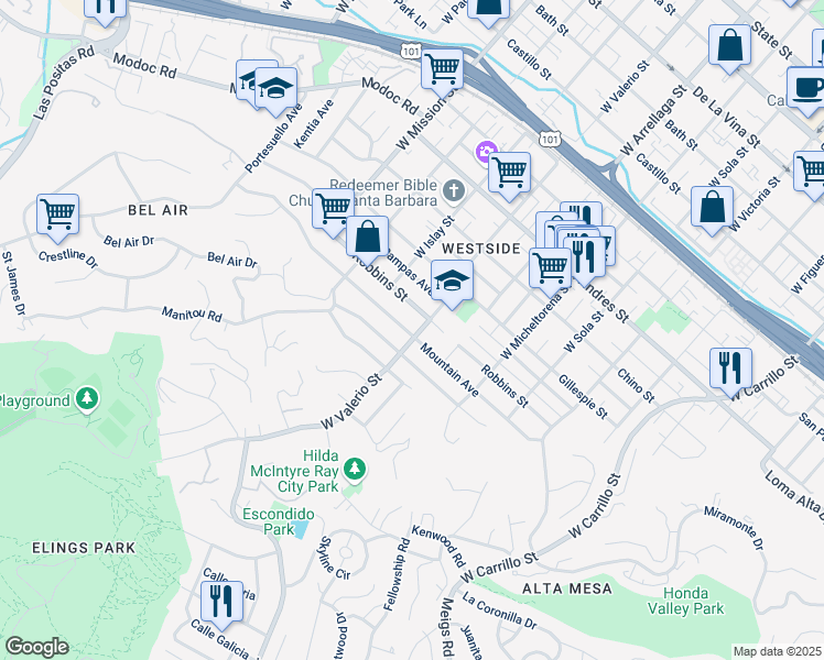 map of restaurants, bars, coffee shops, grocery stores, and more near 1711 Robbins Street in Santa Barbara