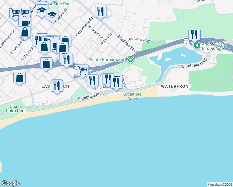map of restaurants, bars, coffee shops, grocery stores, and more near 1111 East Cabrillo Boulevard in Santa Barbara