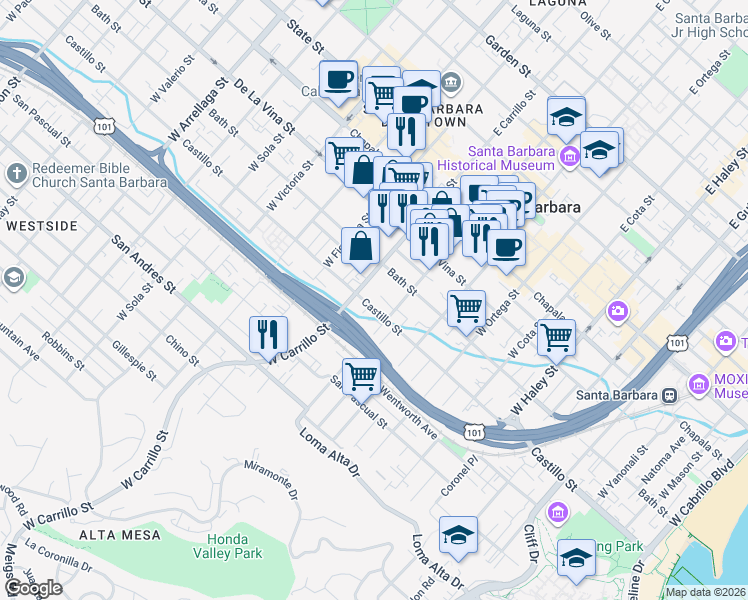 map of restaurants, bars, coffee shops, grocery stores, and more near 922 Castillo Street in Santa Barbara