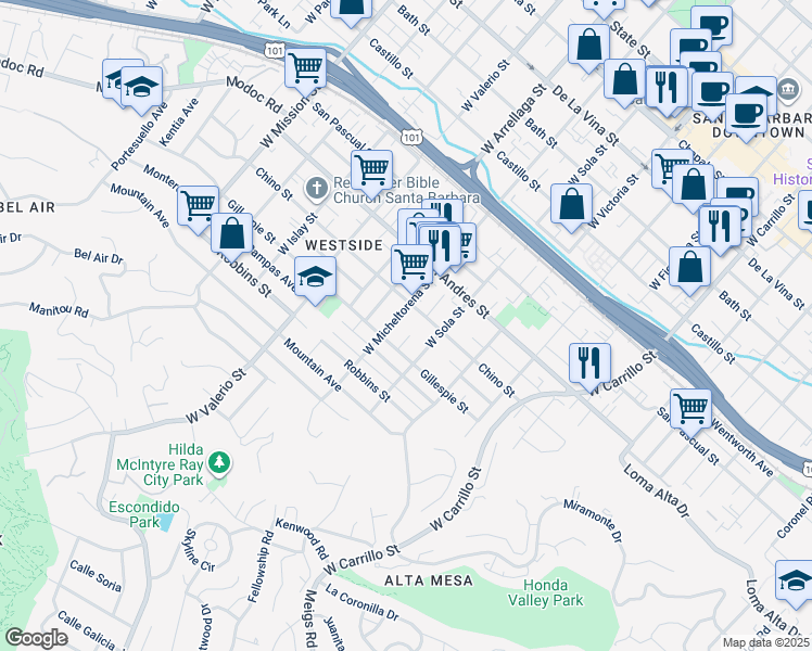 map of restaurants, bars, coffee shops, grocery stores, and more near 816 West Micheltorena Street in Santa Barbara