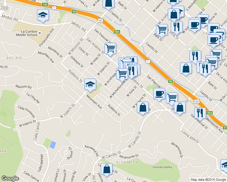 map of restaurants, bars, coffee shops, grocery stores, and more near 816 West Micheltorena Street in Santa Barbara
