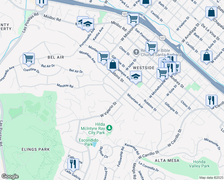 map of restaurants, bars, coffee shops, grocery stores, and more near 1739 Clearview Road in Santa Barbara