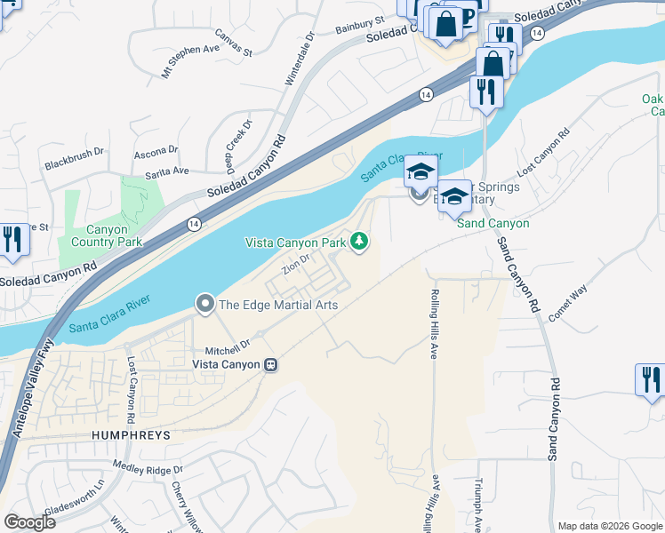 map of restaurants, bars, coffee shops, grocery stores, and more near 27765 Dyer Way in Santa Clarita