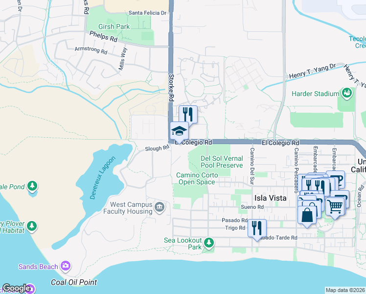 map of restaurants, bars, coffee shops, grocery stores, and more near 6875 El Colegio Road in Goleta