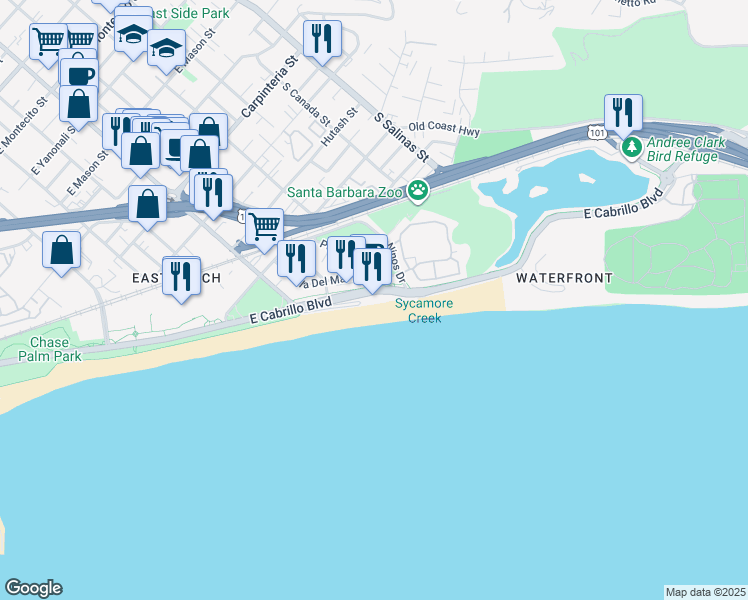 map of restaurants, bars, coffee shops, grocery stores, and more near 1118 East Cabrillo Boulevard in Santa Barbara