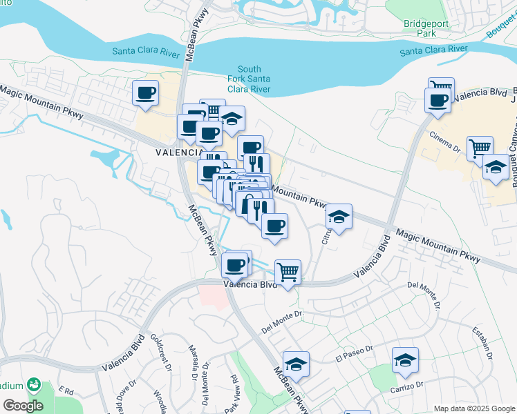 map of restaurants, bars, coffee shops, grocery stores, and more near 24201 Valencia Boulevard in Santa Clarita