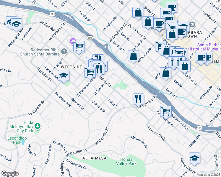 map of restaurants, bars, coffee shops, grocery stores, and more near 1309 San Andres Street in Santa Barbara