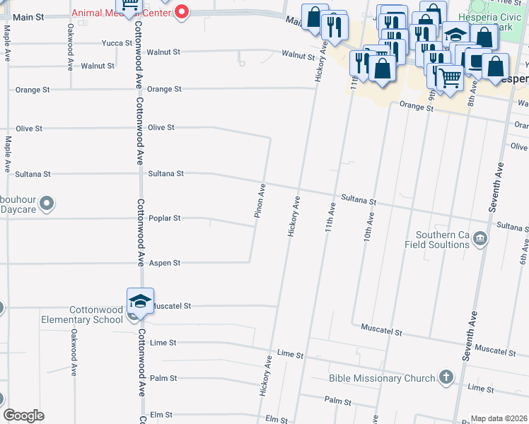 map of restaurants, bars, coffee shops, grocery stores, and more near 9159 Pinon Avenue in Hesperia