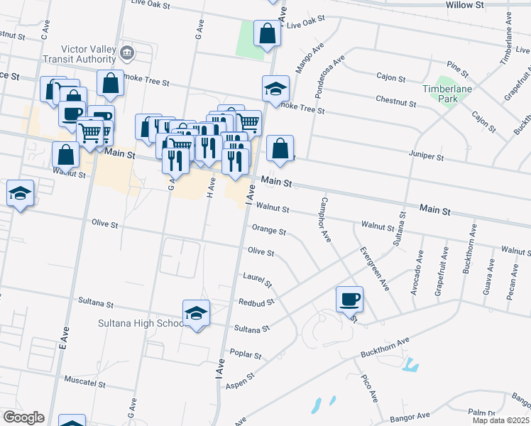 map of restaurants, bars, coffee shops, grocery stores, and more near 17443 Walnut Street in Hesperia