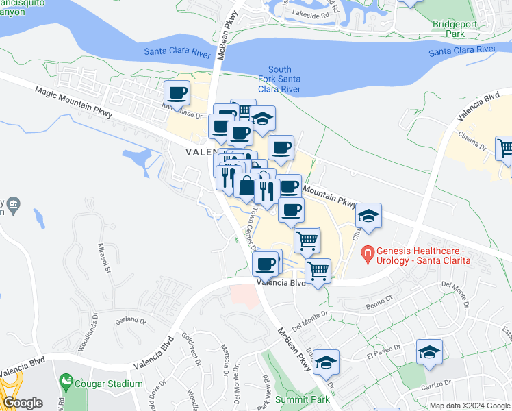 map of restaurants, bars, coffee shops, grocery stores, and more near Town Center Drive in Santa Clarita