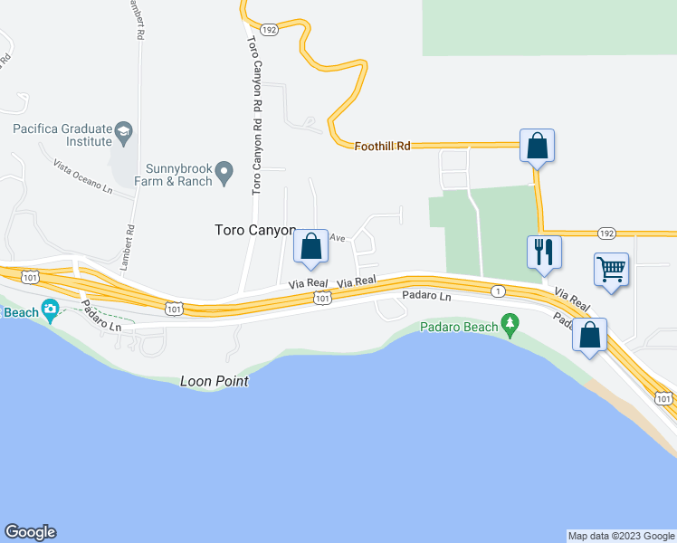 map of restaurants, bars, coffee shops, grocery stores, and more near 3198 Via Real in Carpinteria