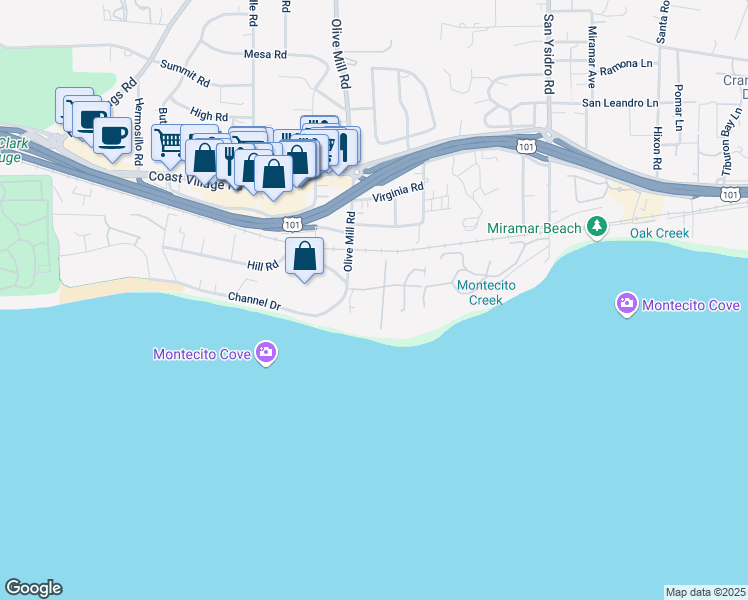 map of restaurants, bars, coffee shops, grocery stores, and more near 1364 Plaza Pacifica in Montecito
