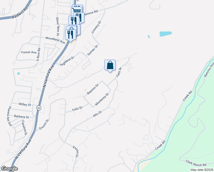 map of restaurants, bars, coffee shops, grocery stores, and more near Feliz Drive in Oak View