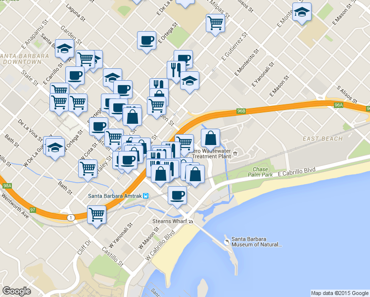 map of restaurants, bars, coffee shops, grocery stores, and more near 220 Santa Barbara Street in Santa Barbara