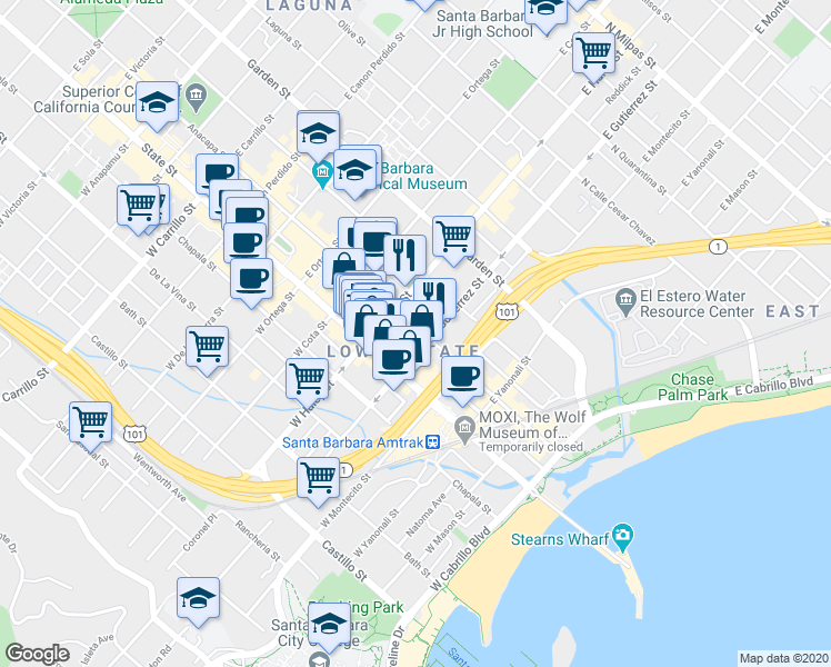 map of restaurants, bars, coffee shops, grocery stores, and more near 427 Anacapa Street in Santa Barbara