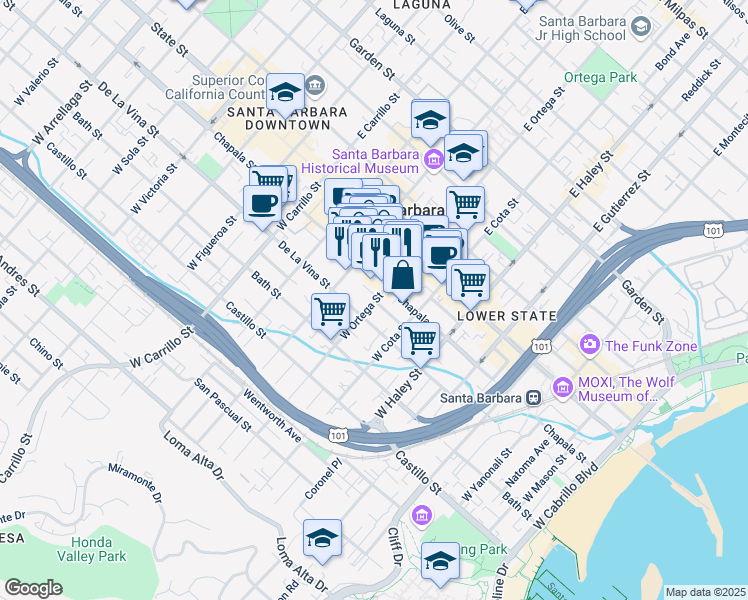 map of restaurants, bars, coffee shops, grocery stores, and more near 112 West Ortega Street in Santa Barbara