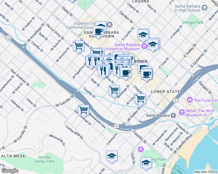 map of restaurants, bars, coffee shops, grocery stores, and more near 828 Bath Street in Santa Barbara
